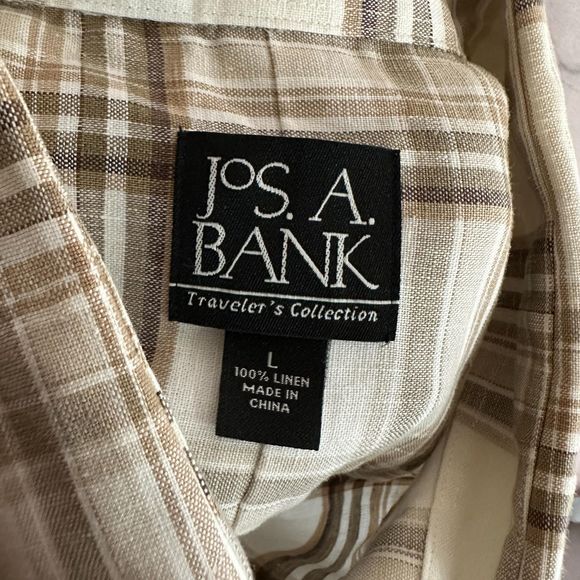 Jos. A. Bank White & Brown Plaid Long-sleeve Dress Shirt, Large, Pre-owned - Picture 6 of 7